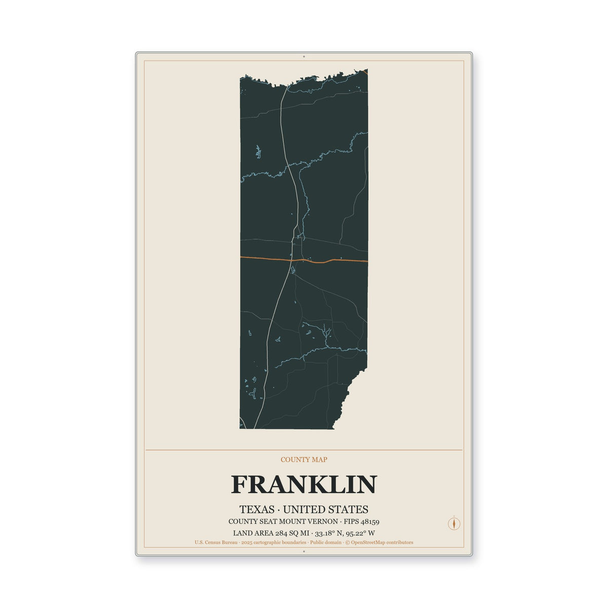 Franklin County, Texas Map Aluminum Sign in Headline Atlas style