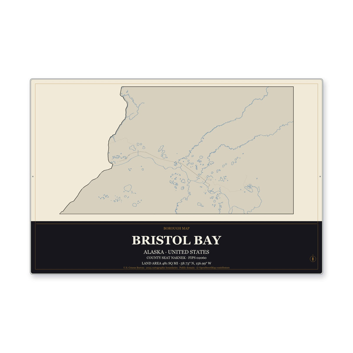 Bristol Bay Borough, Alaska Map Aluminum Sign in Museum Plaque style
