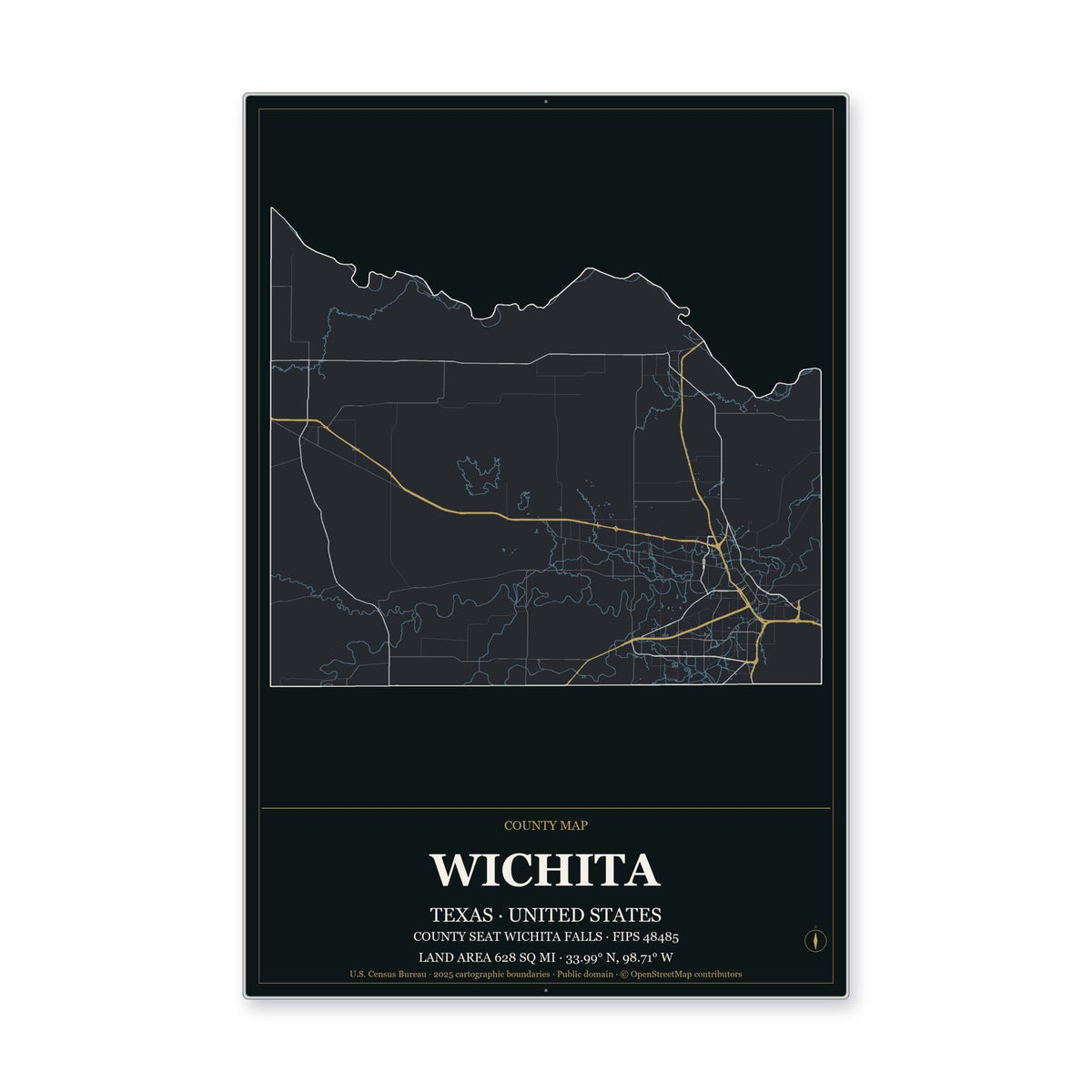 Wichita County, Texas Map Aluminum Sign in Metropolitan Noir style