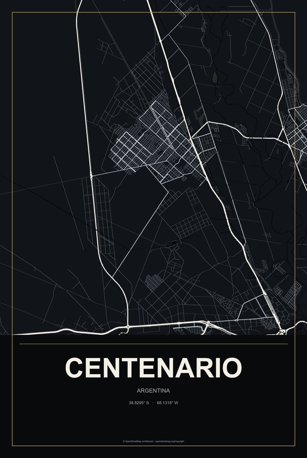 Centenario, Argentina City Map Aluminum Sign in Metropolitan Noir style