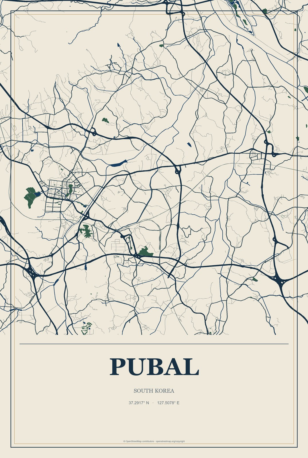 Pubal, South Korea City Map Aluminum Sign in Coastal Cutout style
