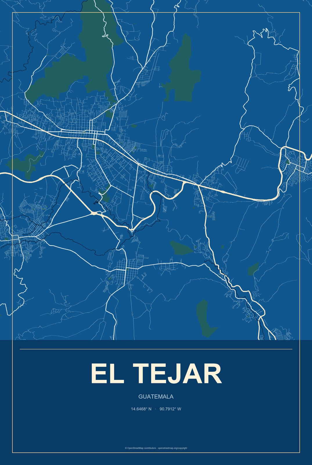 El Tejar, Guatemala City Map Aluminum Sign in Harbor Cobalt style