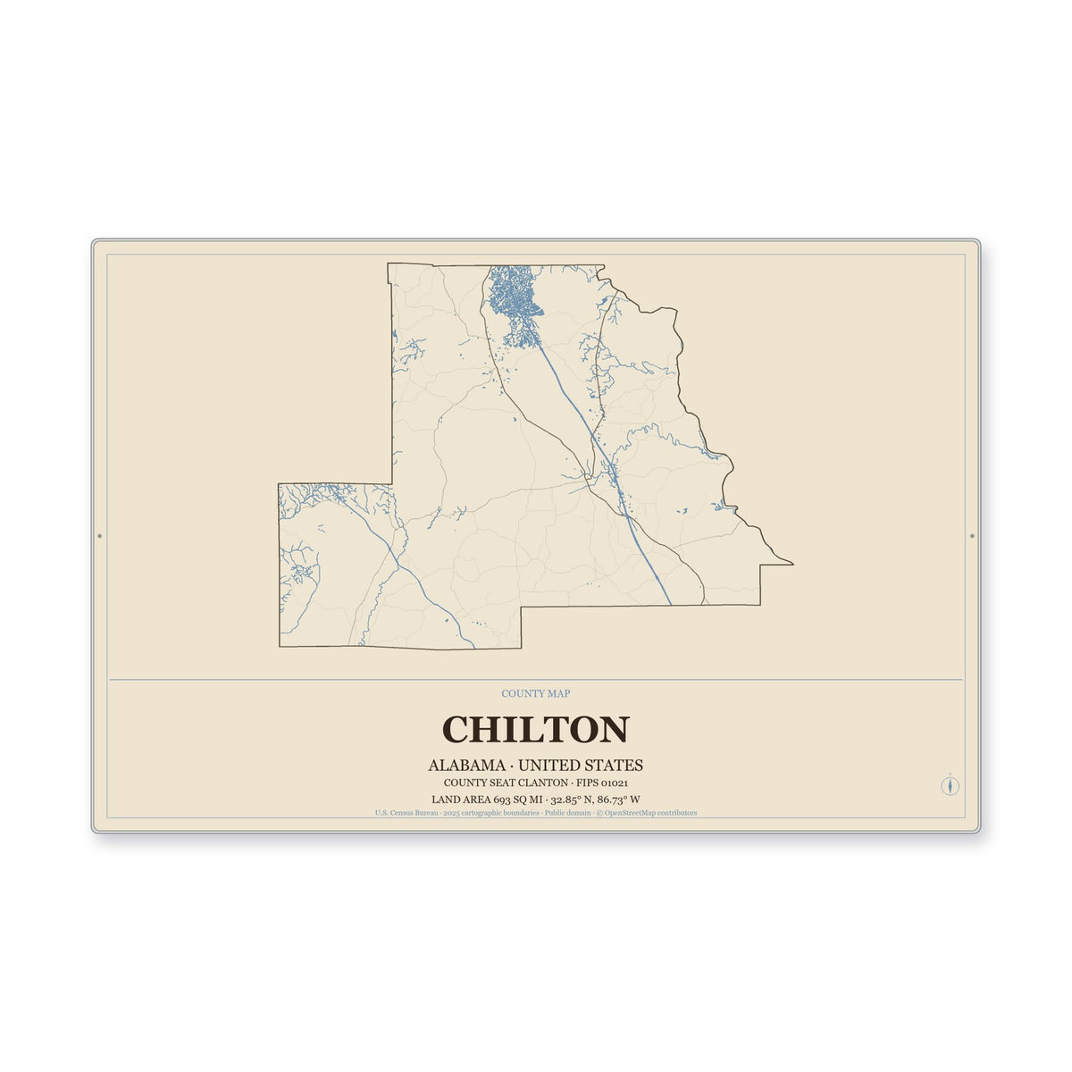 Chilton County, Alabama Map Aluminum Sign in Heritage Nautical style