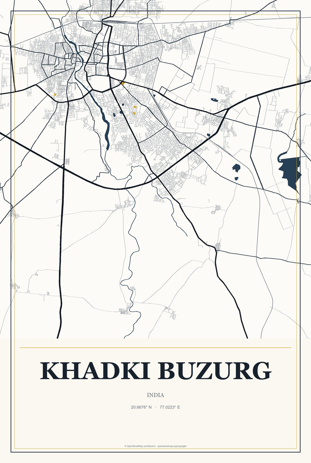 Khadki Buzurg, India City Map Aluminum Sign in Citrine Modern style