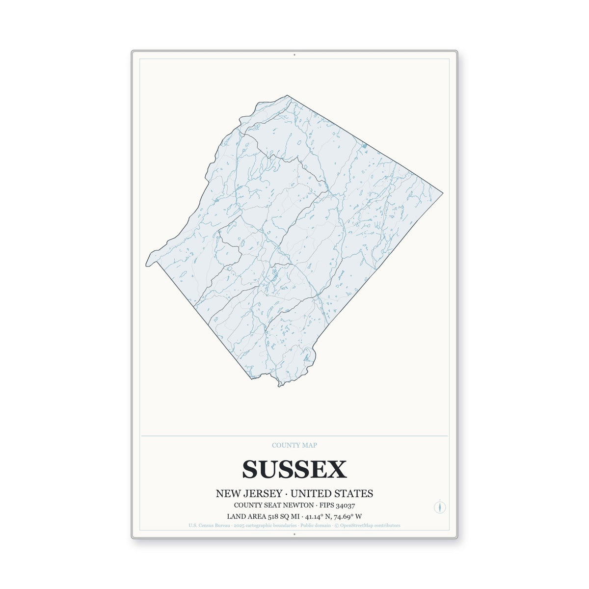 Sussex County, New Jersey Map Aluminum Sign in Gallery Air style
