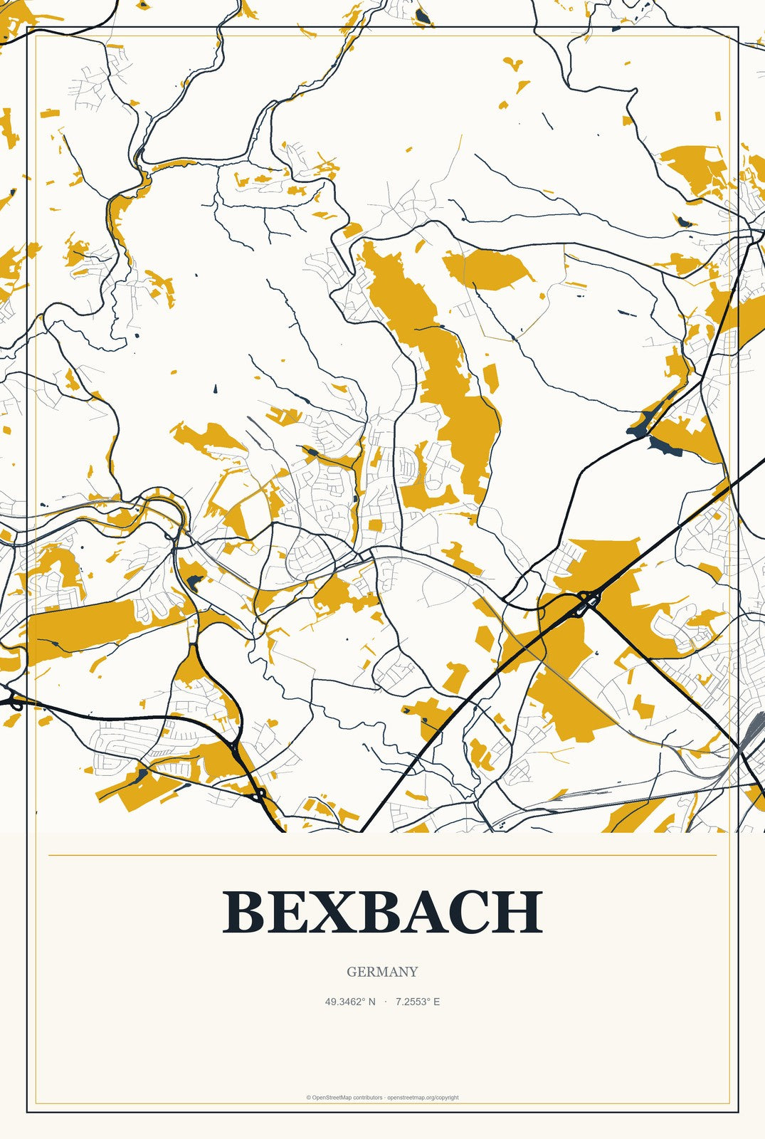 Bexbach, Germany City Map Aluminum Sign in Citrine Modern style