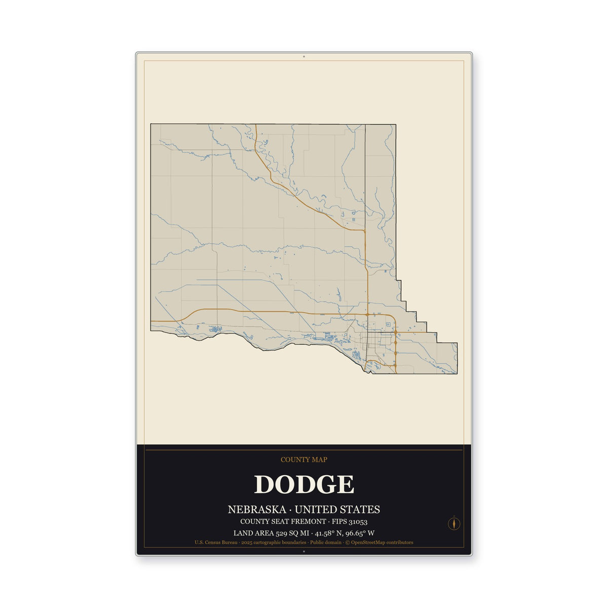 Dodge County, Nebraska Map Aluminum Sign in Museum Plaque style