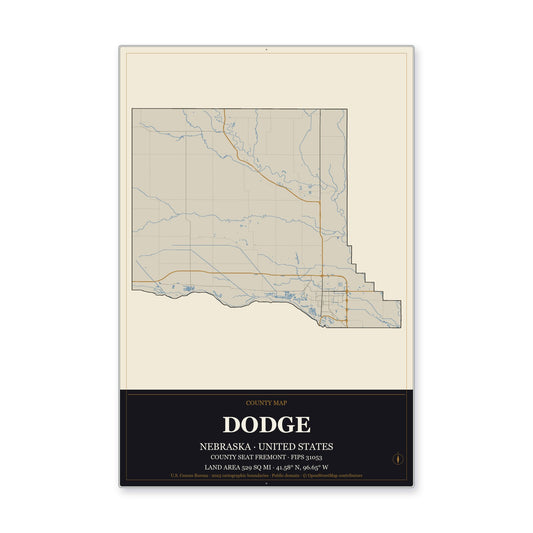 Dodge County, Nebraska Map Aluminum Sign in Museum Plaque style