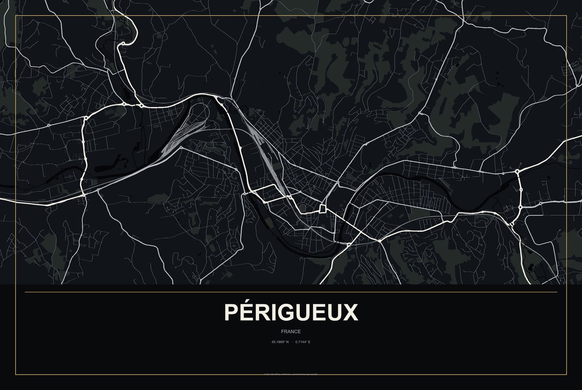 Périgueux, France City Map Aluminum Sign in Metropolitan Noir style