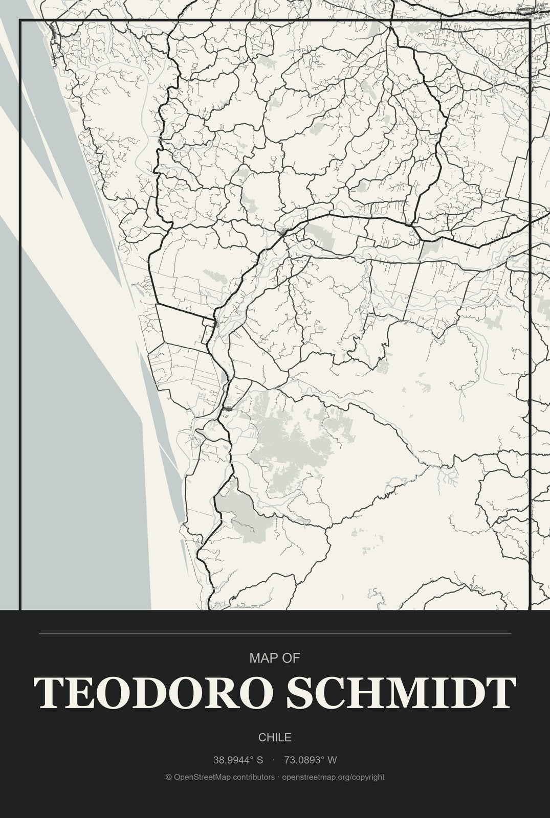 Teodoro Schmidt, Chile City Map Aluminum Sign in Museum Plaque style