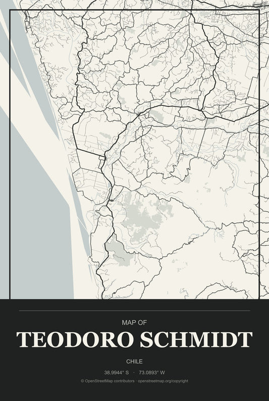 Teodoro Schmidt, Chile City Map Aluminum Sign in Museum Plaque style