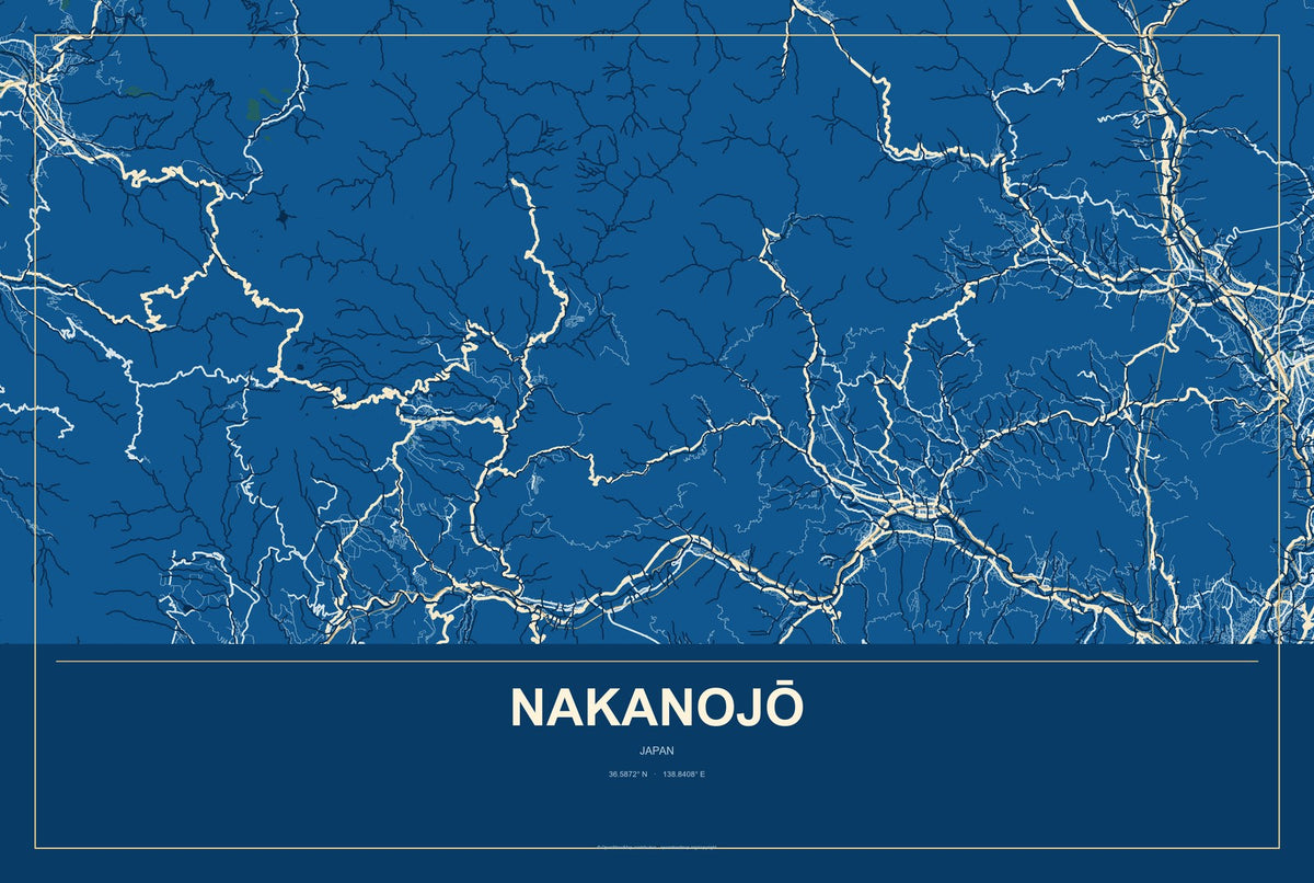 Nakanojō, Japan City Map Aluminum Sign in Harbor Cobalt style