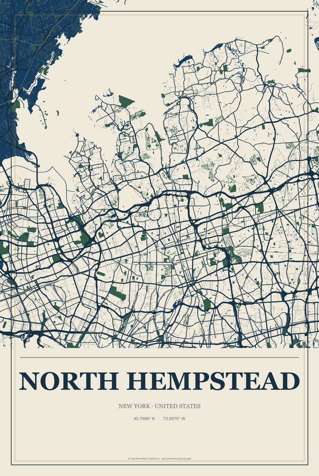 North Hempstead, New York City Map Aluminum Sign in Coastal Cutout style