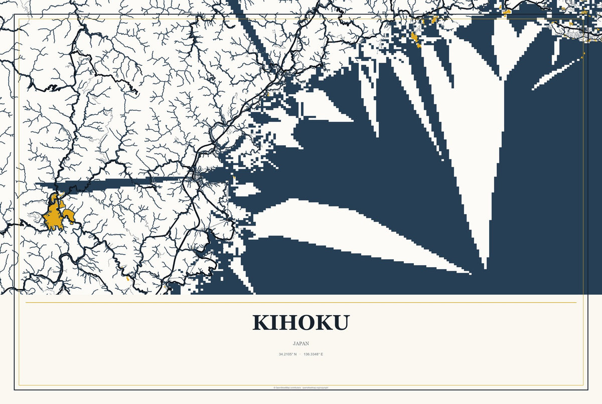 Kihoku, Japan City Map Aluminum Sign in Citrine Modern style