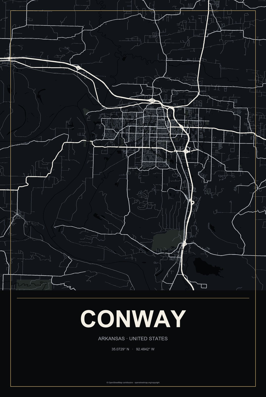 Conway, Arkansas City Map Aluminum Sign in Metropolitan Noir style