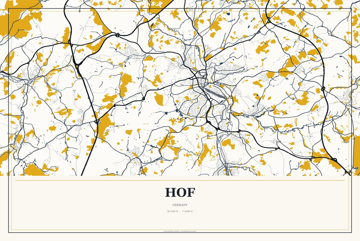Hof, Germany City Map Aluminum Sign in Citrine Modern style