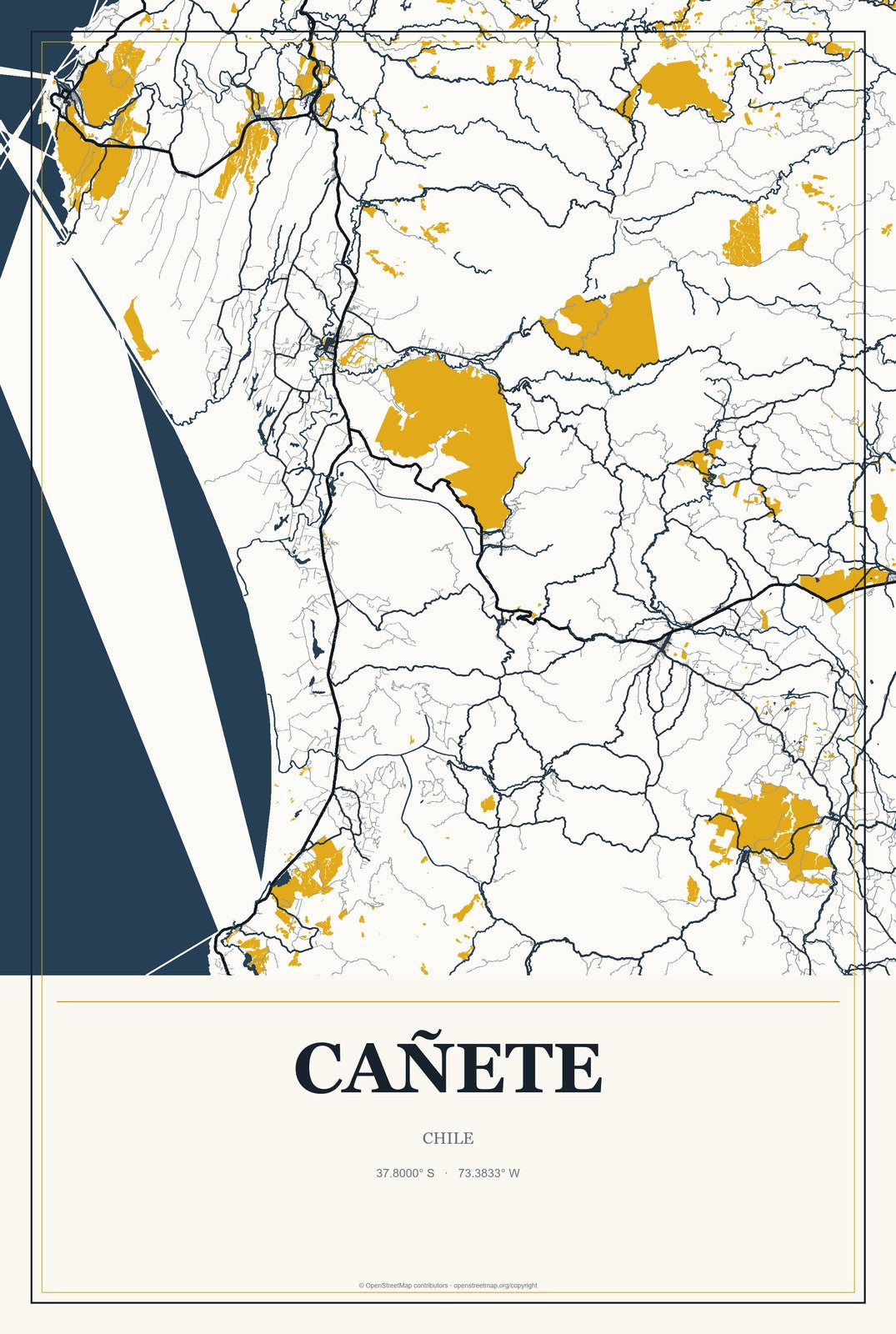 Cañete, Chile City Map Aluminum Sign in Citrine Modern style