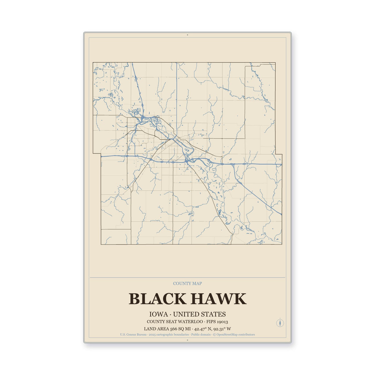 Black Hawk County, Iowa Map Aluminum Sign in Heritage Nautical style