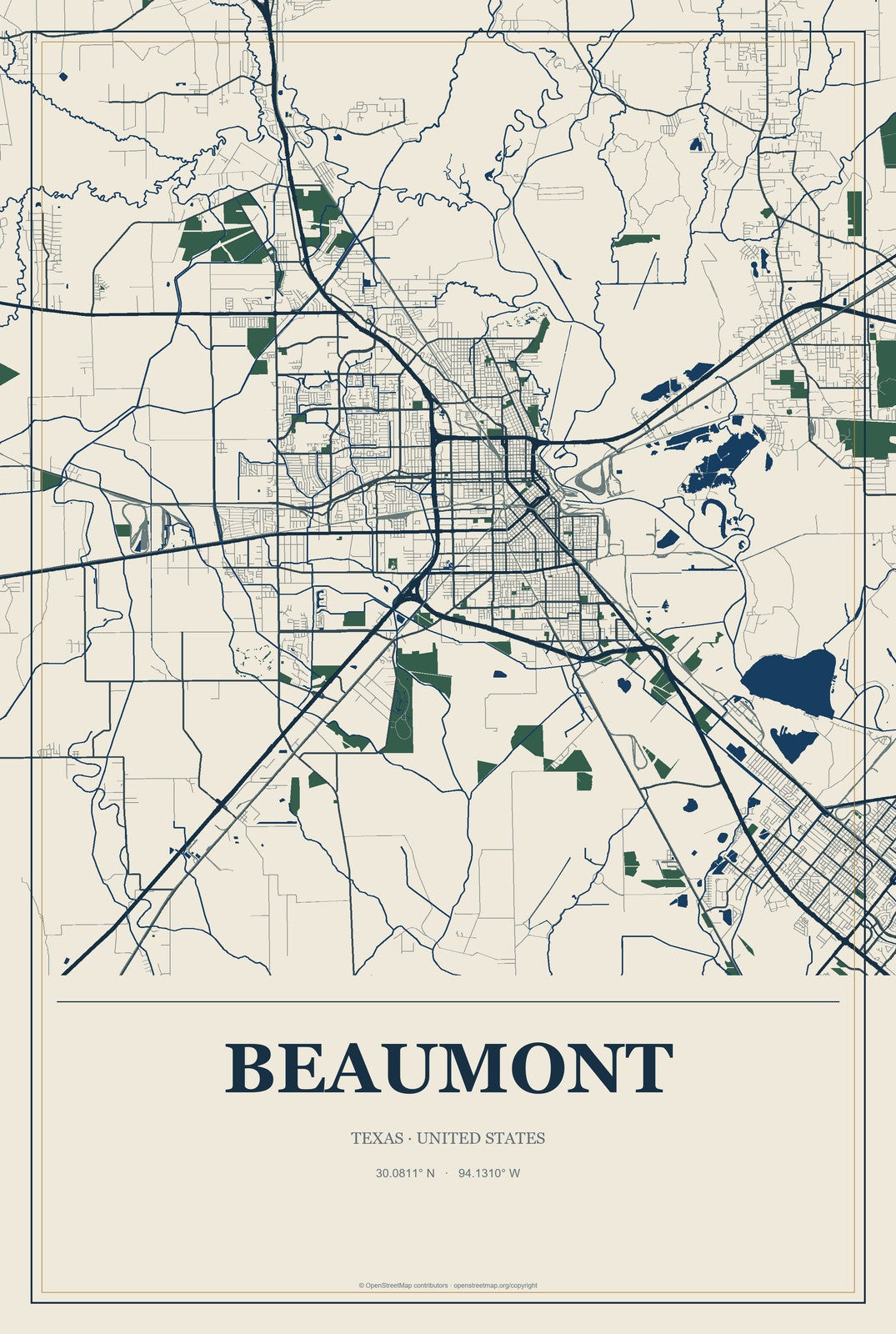 Beaumont, Texas City Map Aluminum Sign in Coastal Cutout style