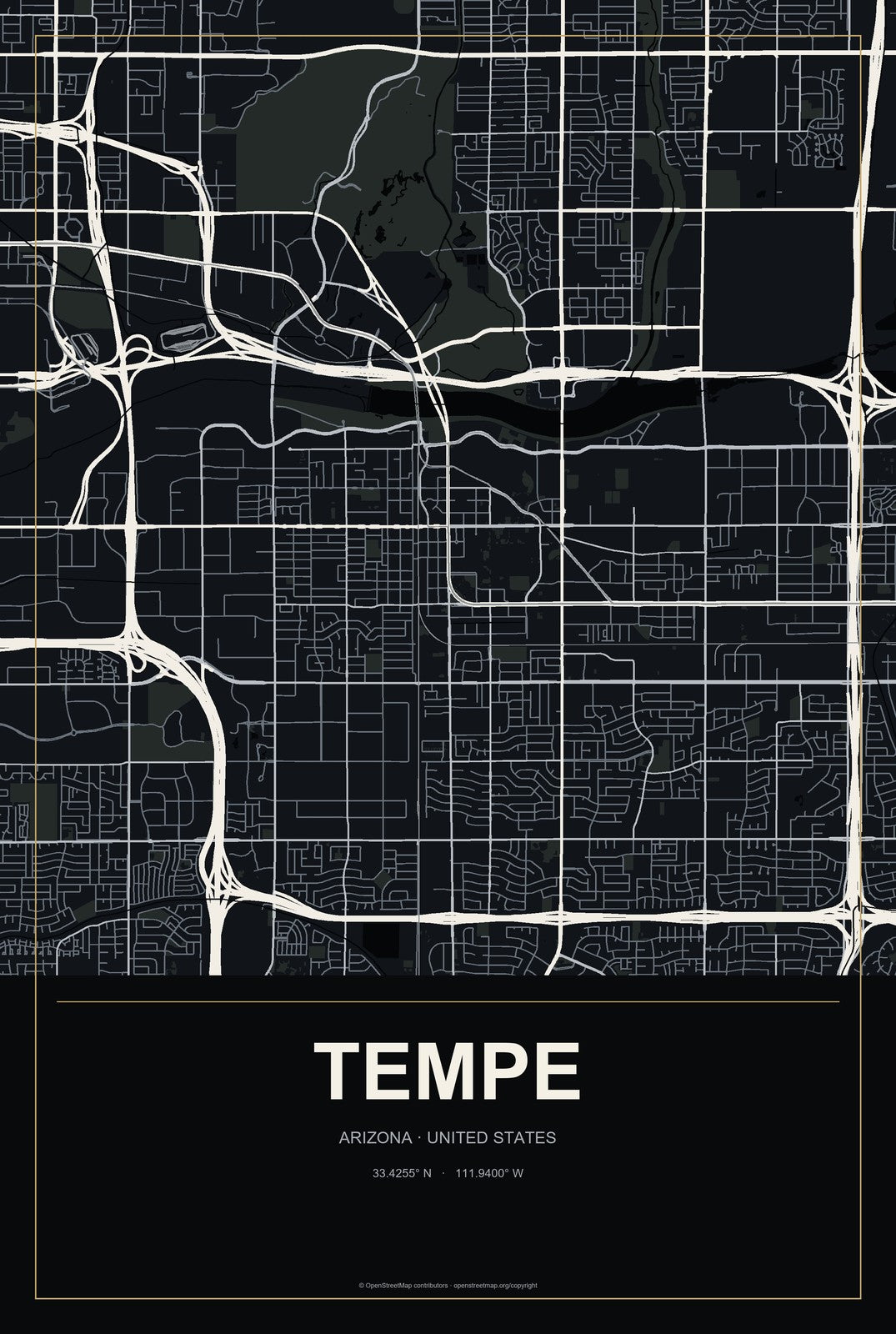 Tempe, Arizona City Map Aluminum Sign in Metropolitan Noir style