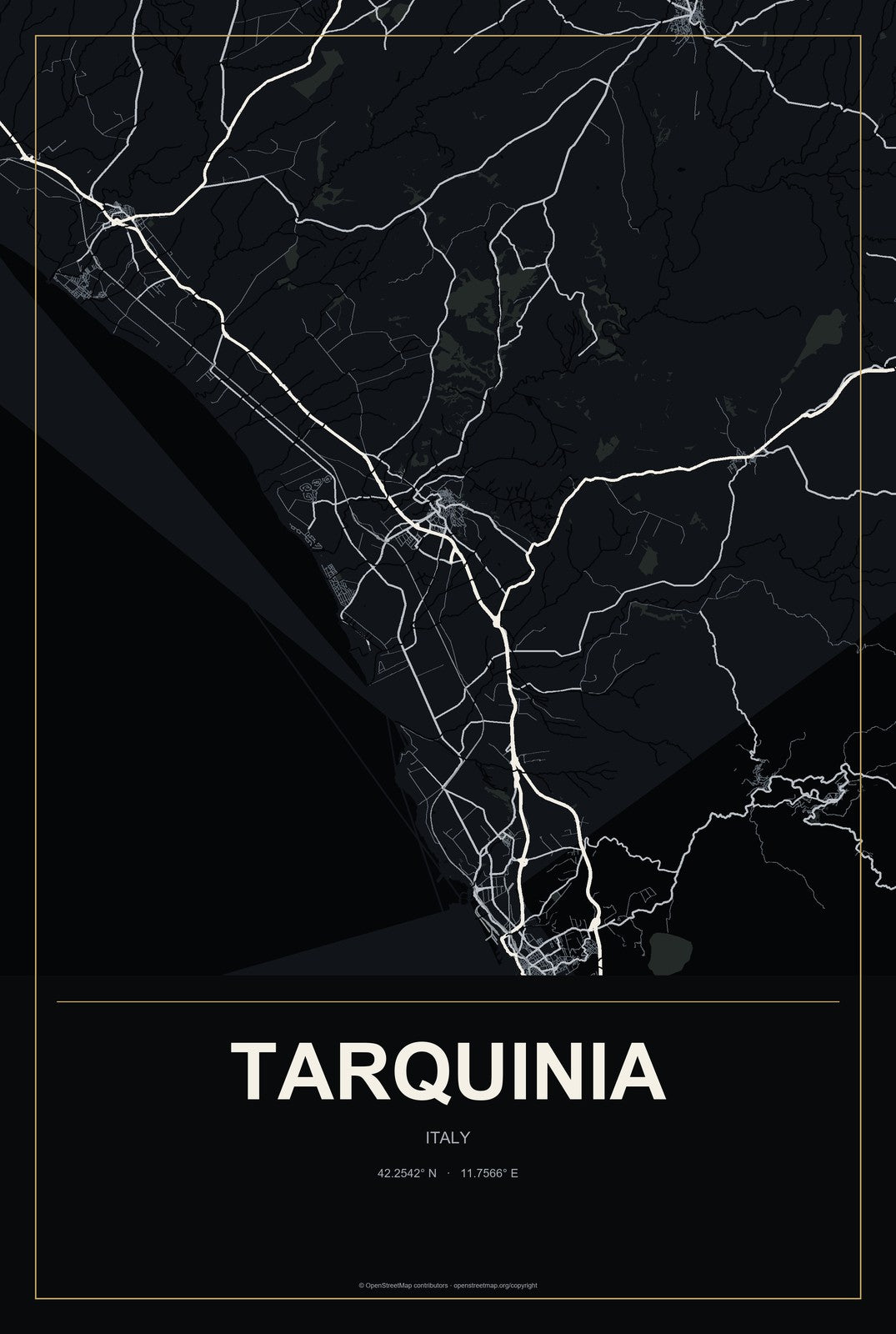 Tarquinia, Italy City Map Aluminum Sign in Metropolitan Noir style