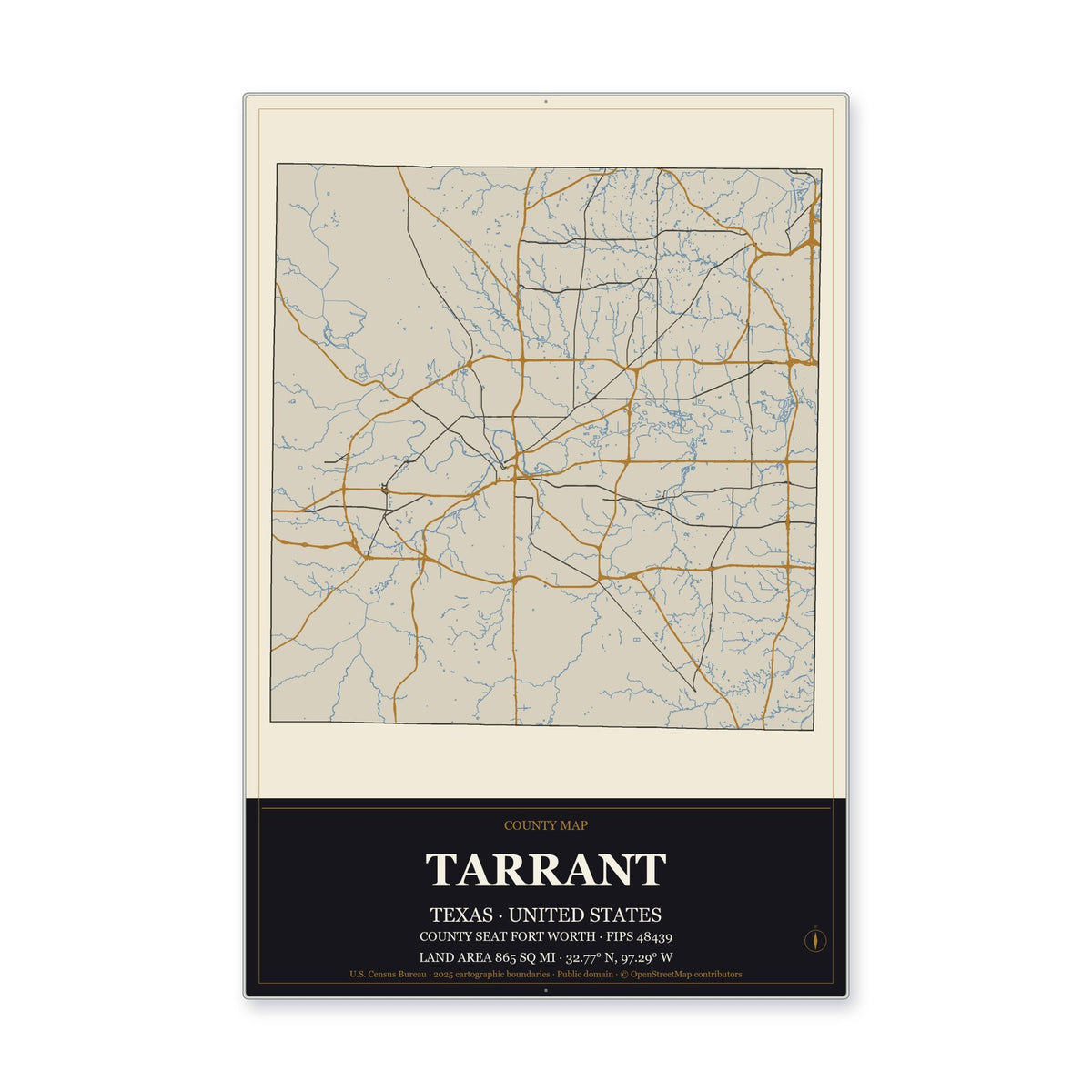 Tarrant County, Texas Map Aluminum Sign in Museum Plaque style