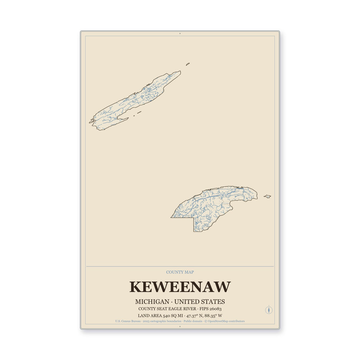 Keweenaw County, Michigan Map Aluminum Sign in Heritage Nautical style