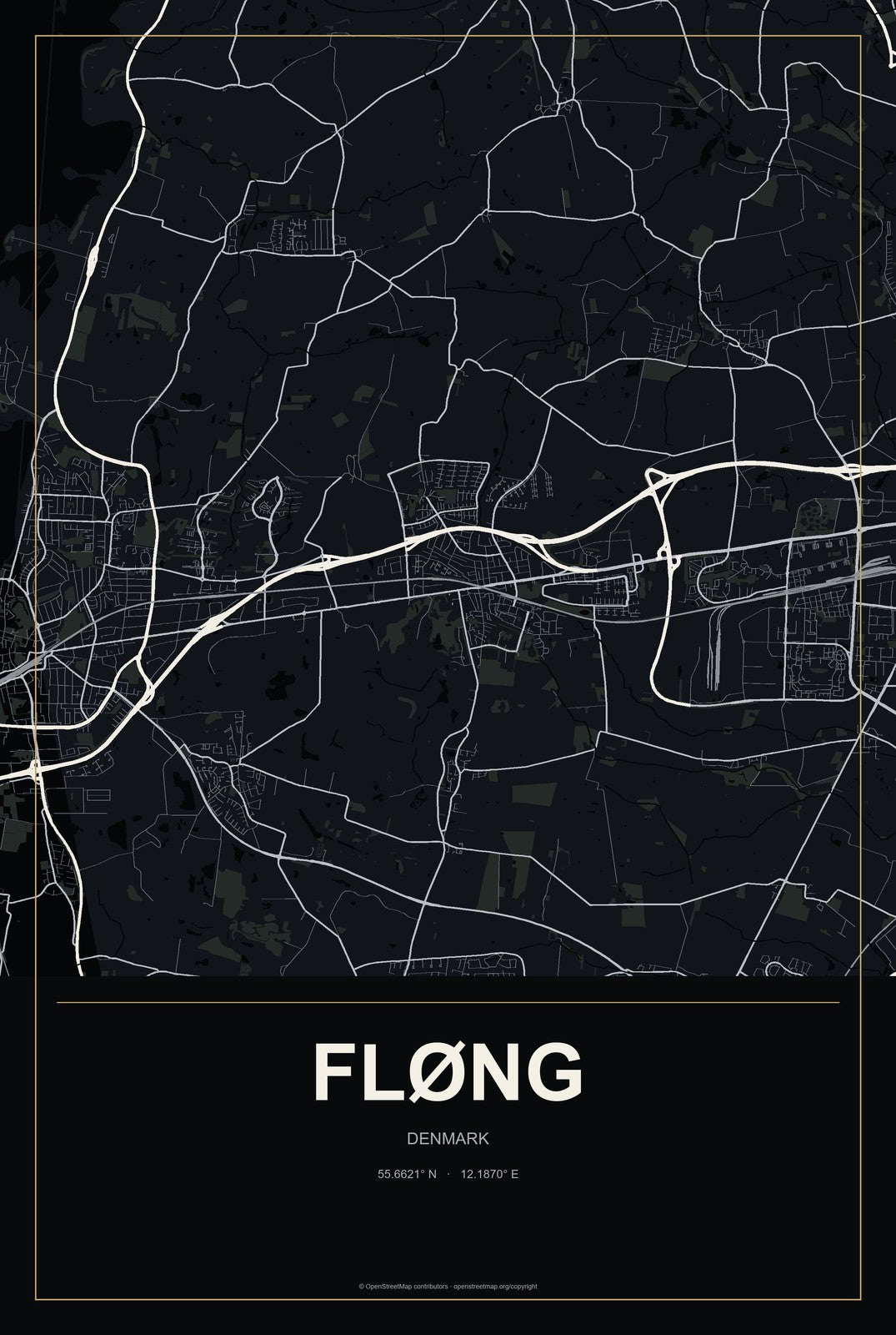 Fløng, Denmark City Map Aluminum Sign in Metropolitan Noir style