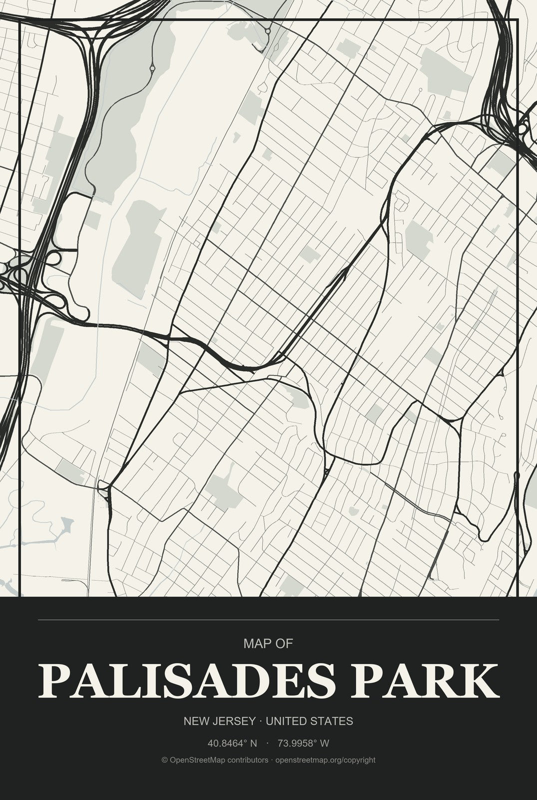 Palisades Park, New Jersey City Map Aluminum Sign in Museum Plaque style