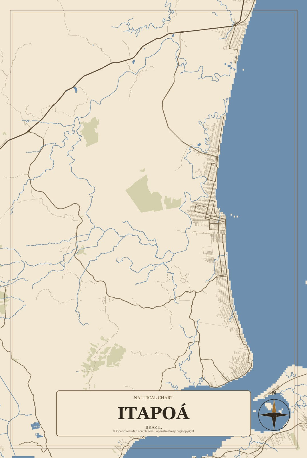 Itapoá, Brazil City Map Aluminum Sign in Heritage Nautical style