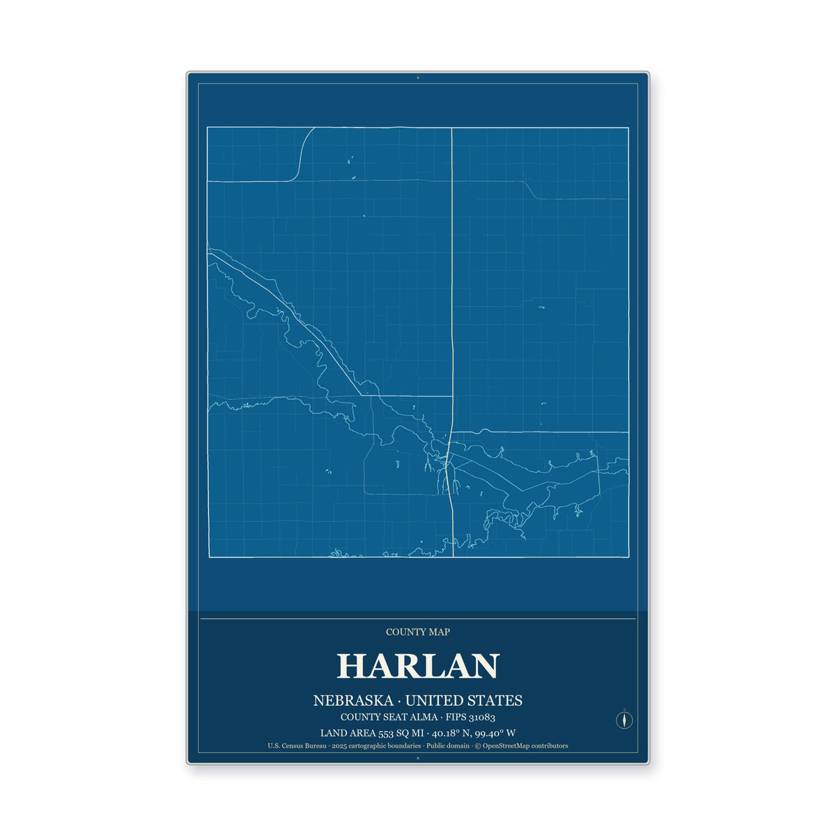 Harlan County, Nebraska Map Aluminum Sign in Harbor Cobalt style