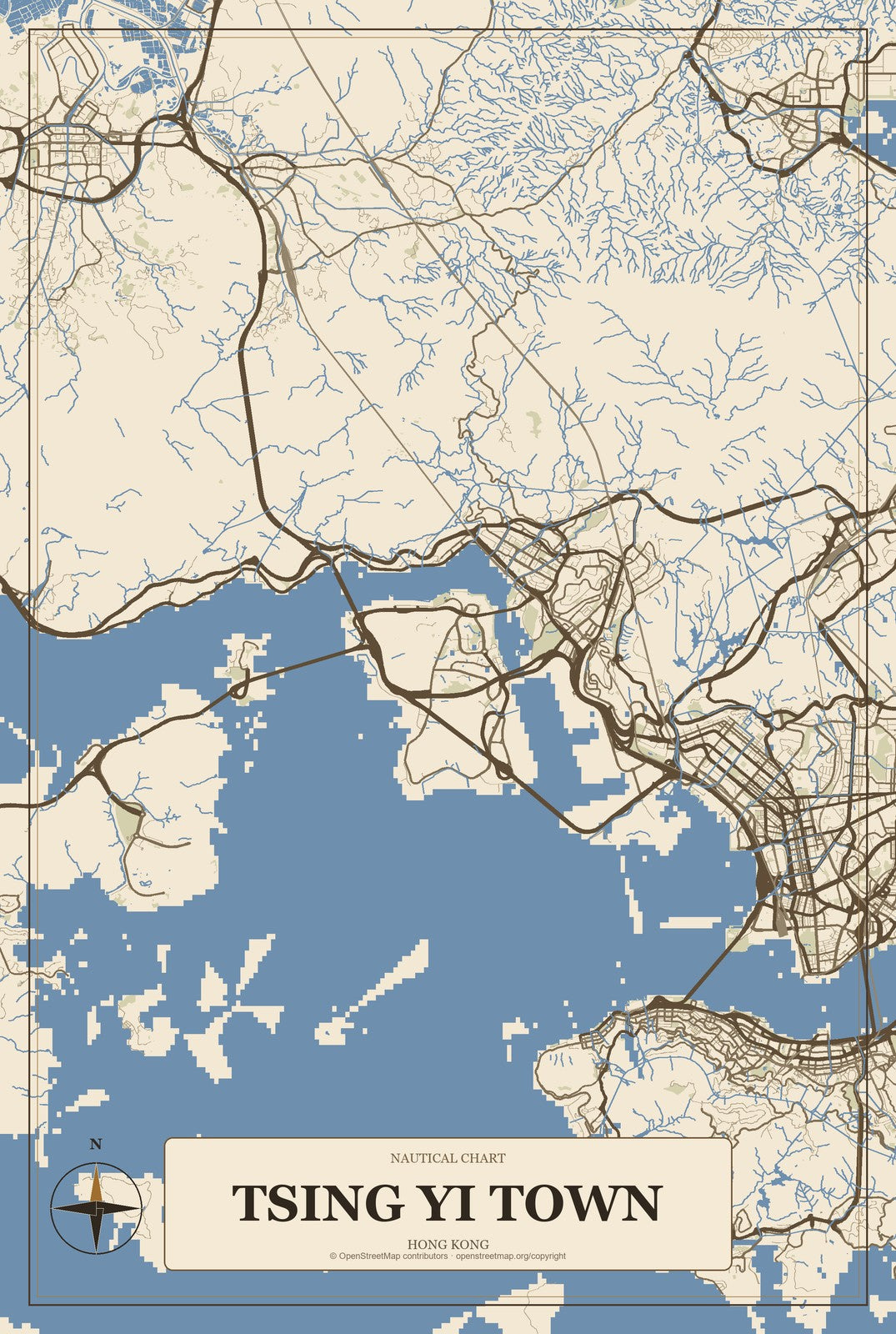 Tsing Yi Town, Hong Kong City Map Aluminum Sign in Heritage Nautical style