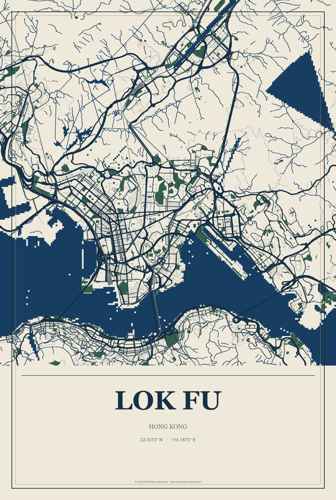 Lok Fu, Hong Kong City Map Aluminum Sign in Coastal Cutout style