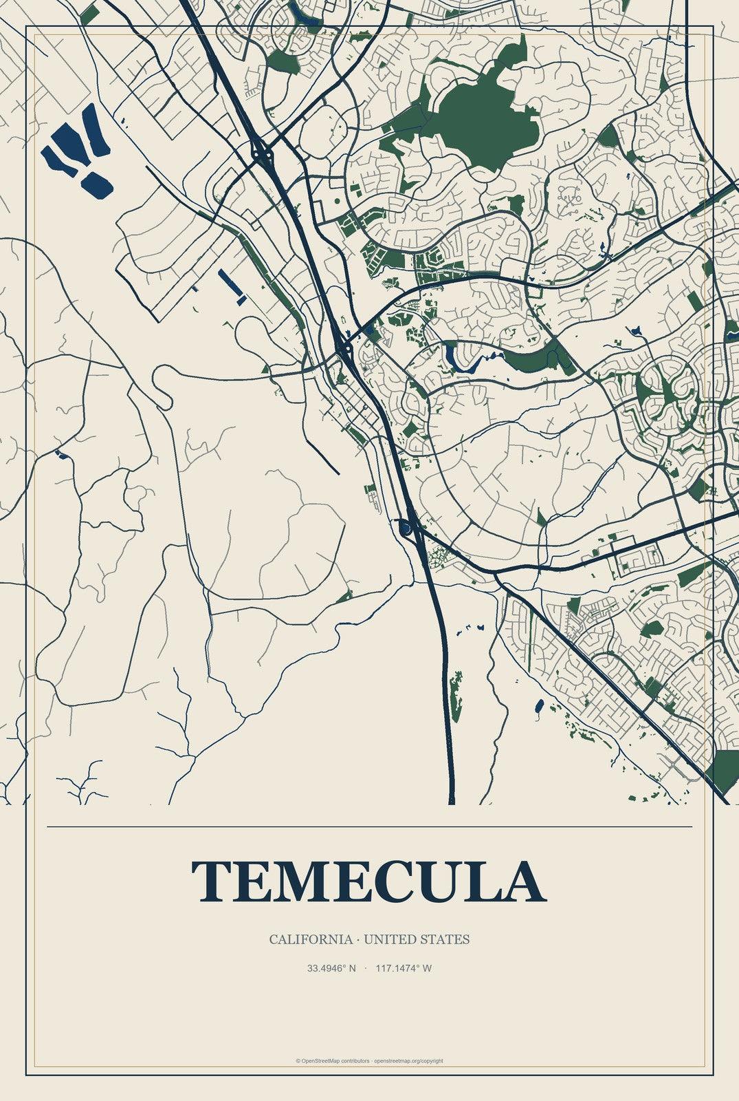Temecula, California City Map Aluminum Sign in Coastal Cutout style