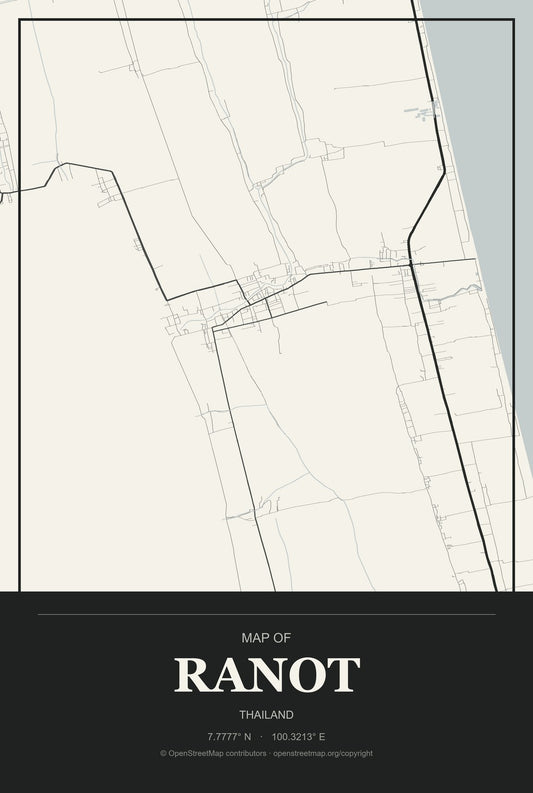 Ranot, Thailand City Map Aluminum Sign in Museum Plaque style
