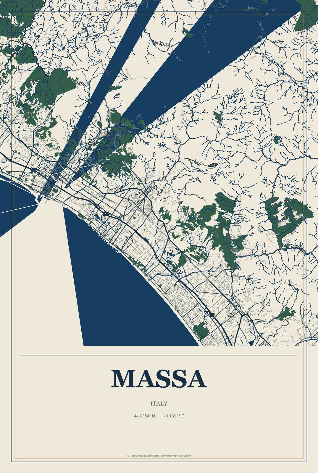 Massa, Italy City Map Aluminum Sign in Coastal Cutout style