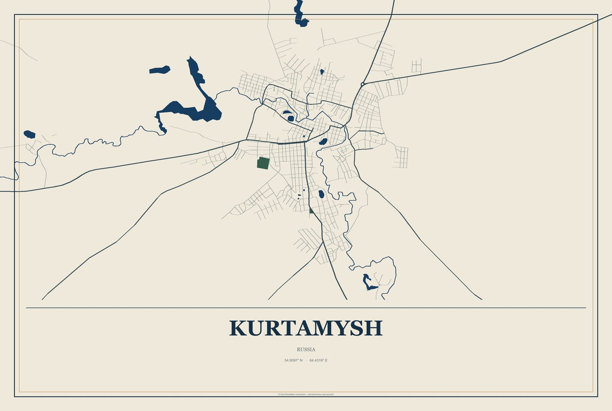 Kurtamysh, Russia City Map Aluminum Sign in Coastal Cutout style