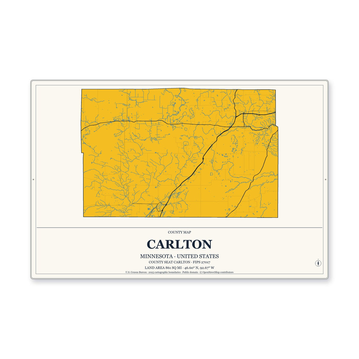 Carlton County, Minnesota Map Aluminum Sign in Citrine Modern style