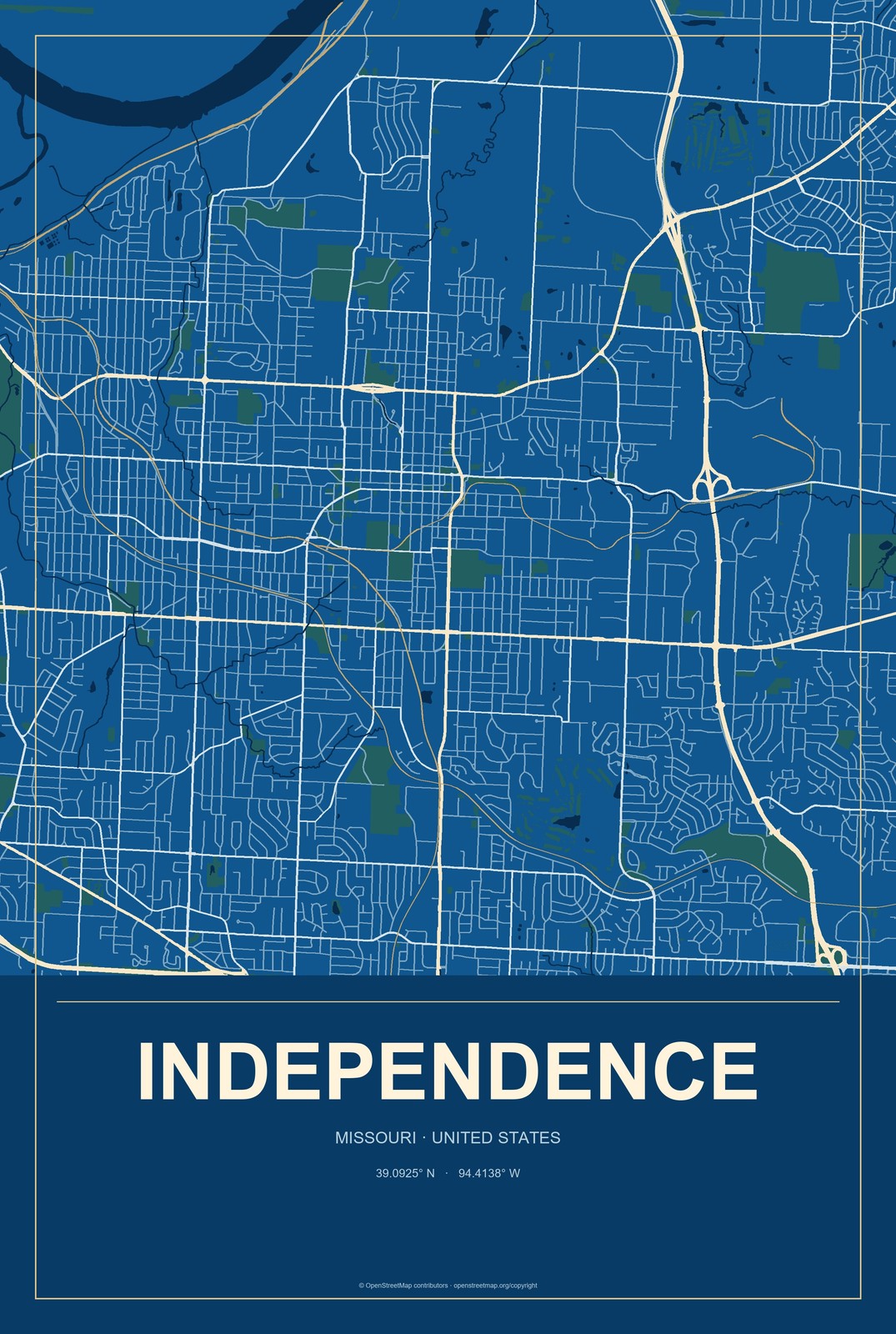Independence, Missouri City Map Aluminum Sign in Harbor Cobalt style