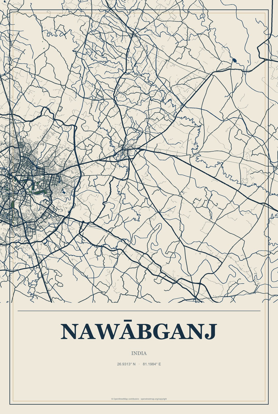 Nawābganj, India City Map Aluminum Sign in Coastal Cutout style