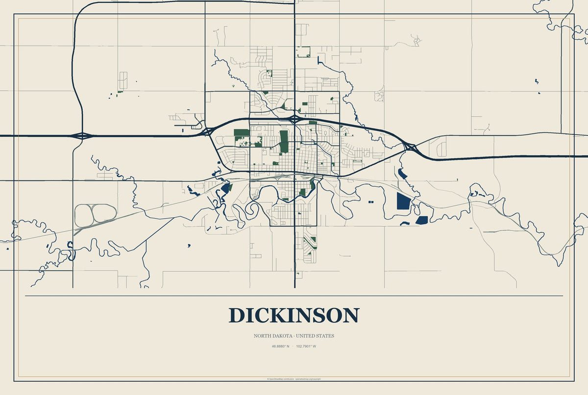 Dickinson, North Dakota City Map Aluminum Sign in Coastal Cutout style