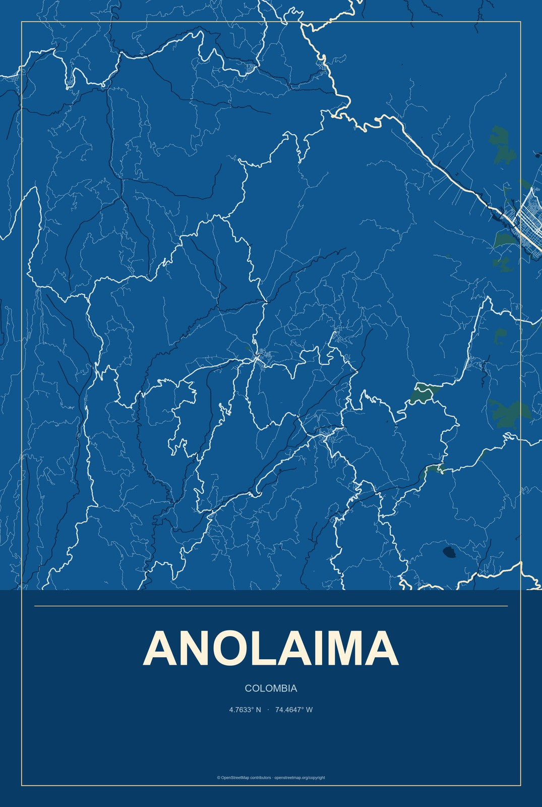 Anolaima, Colombia City Map Aluminum Sign in Harbor Cobalt style