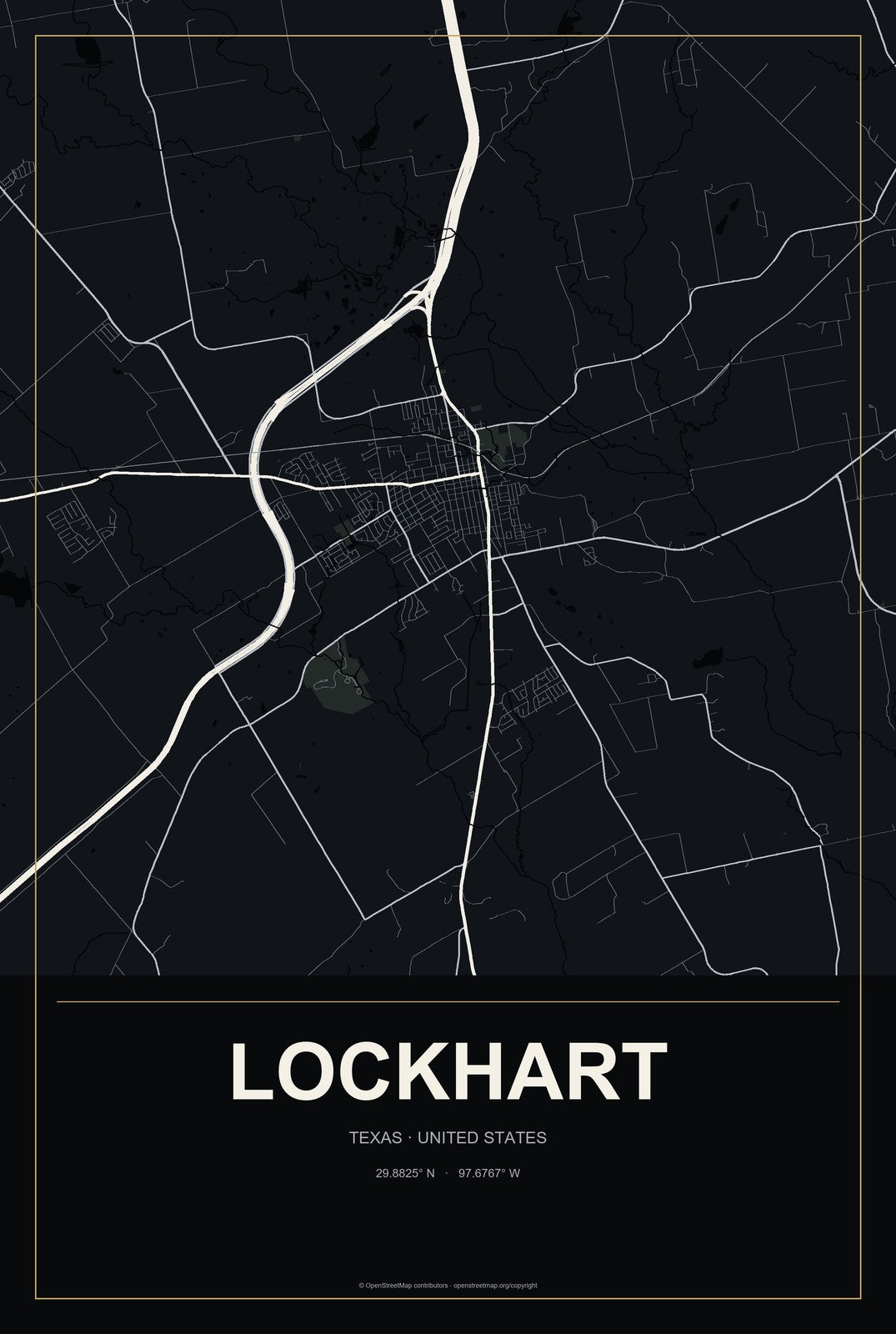Lockhart, Texas City Map Aluminum Sign in Metropolitan Noir style