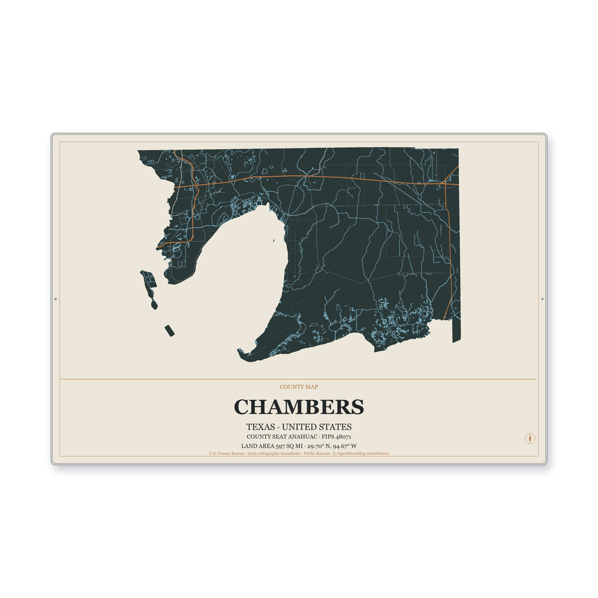 Chambers County, Texas Map Aluminum Sign in Headline Atlas style