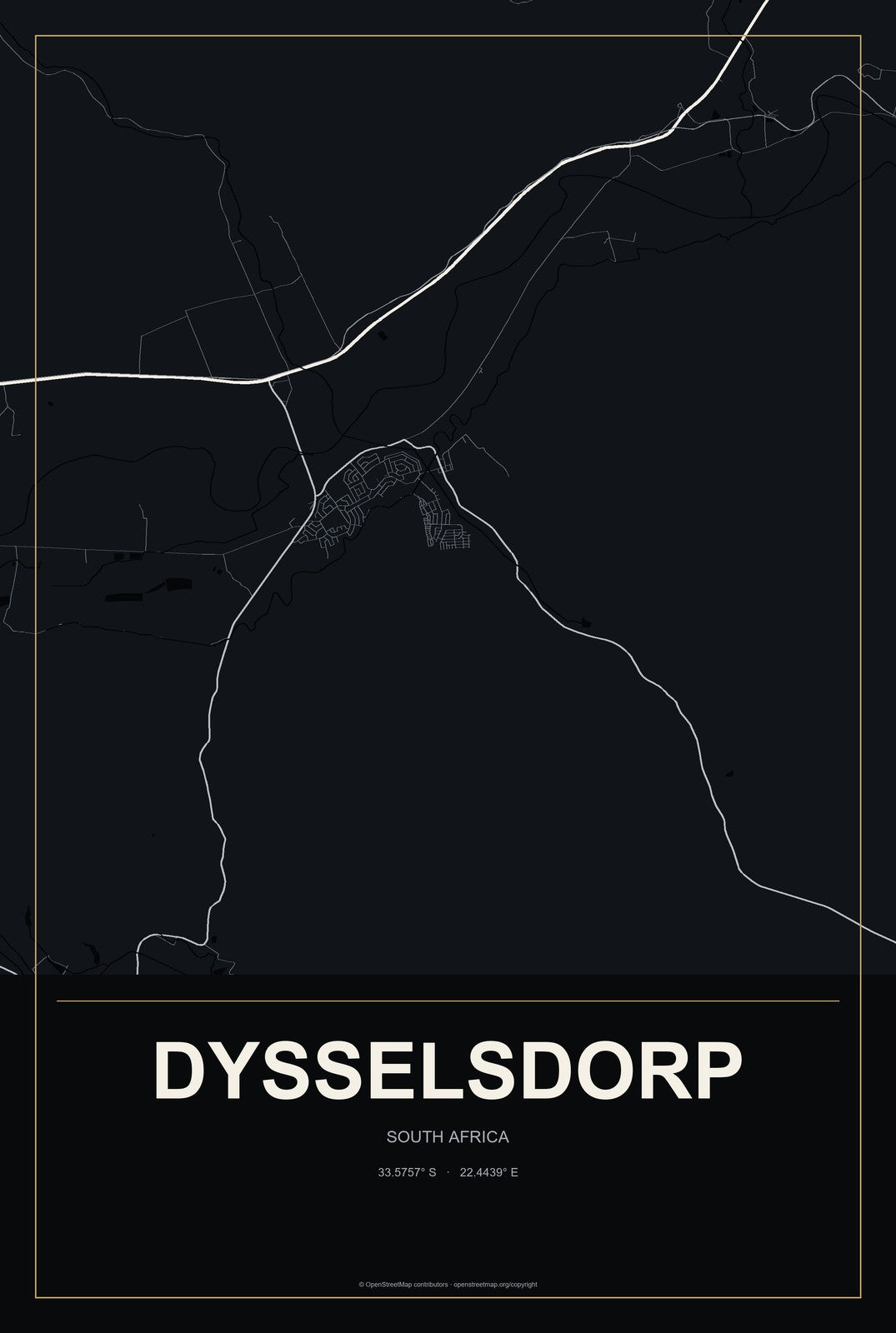 Dysselsdorp, South Africa City Map Aluminum Sign in Metropolitan Noir style