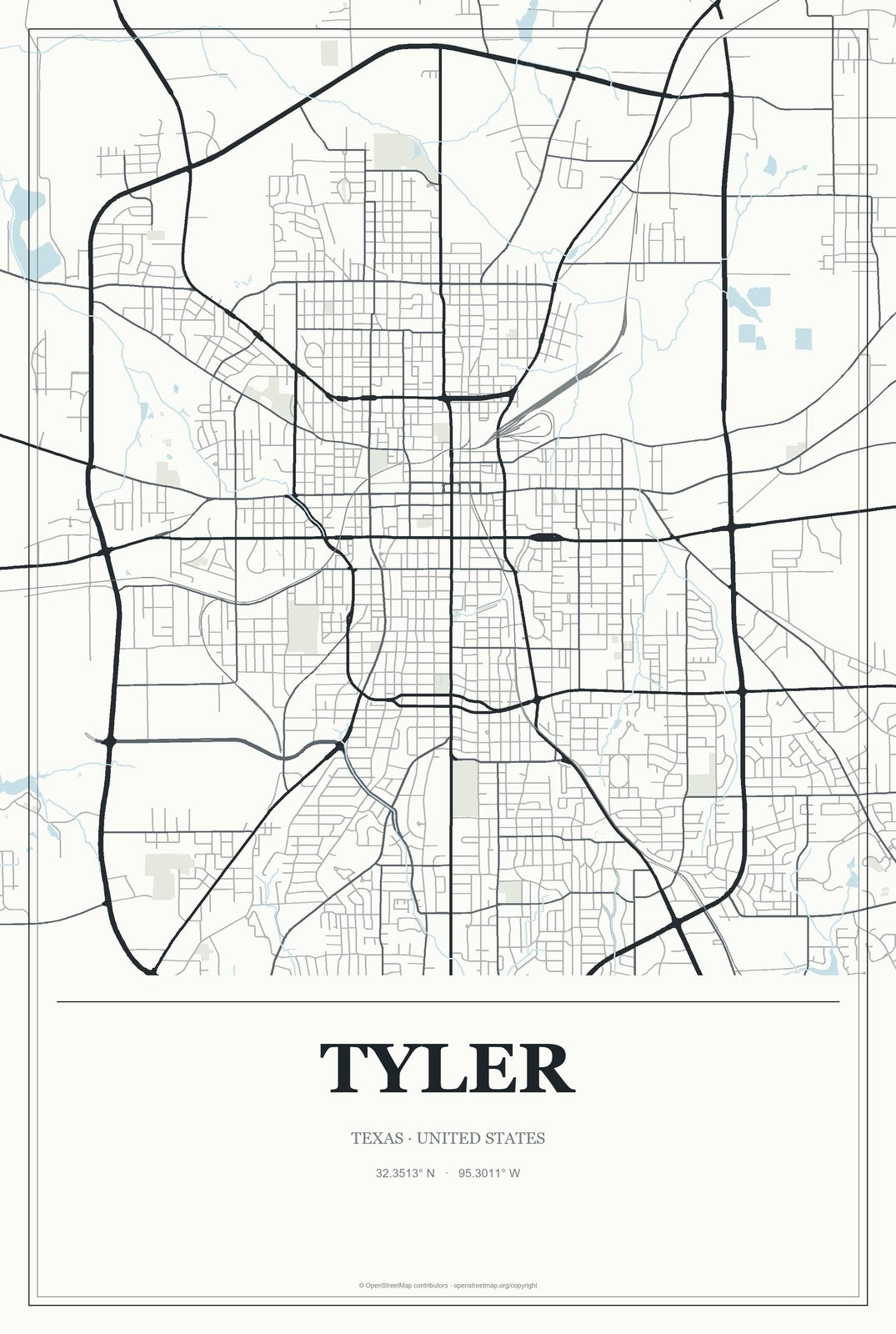 Tyler, Texas City Map Aluminum Sign in Gallery Air style