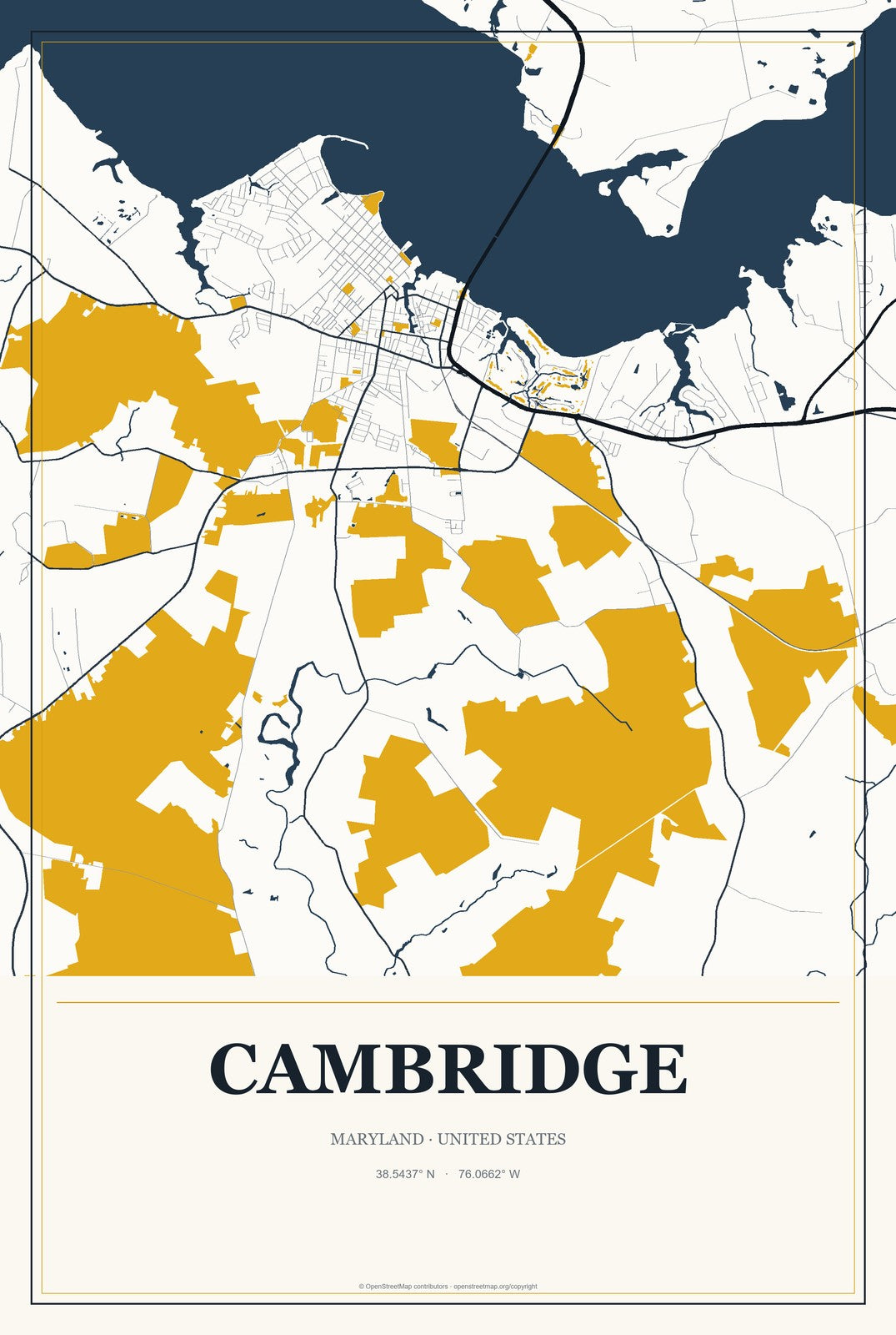 Cambridge, Maryland City Map Aluminum Sign in Citrine Modern style