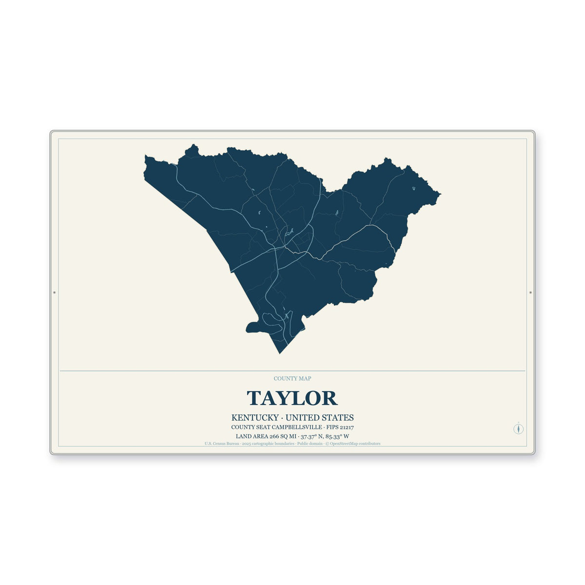 Taylor County, Kentucky Map Aluminum Sign in Coastal Cutout style