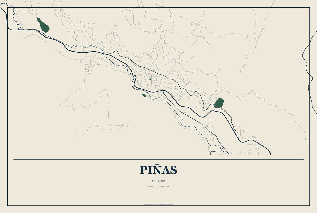 Piñas, Ecuador City Map Aluminum Sign in Coastal Cutout style