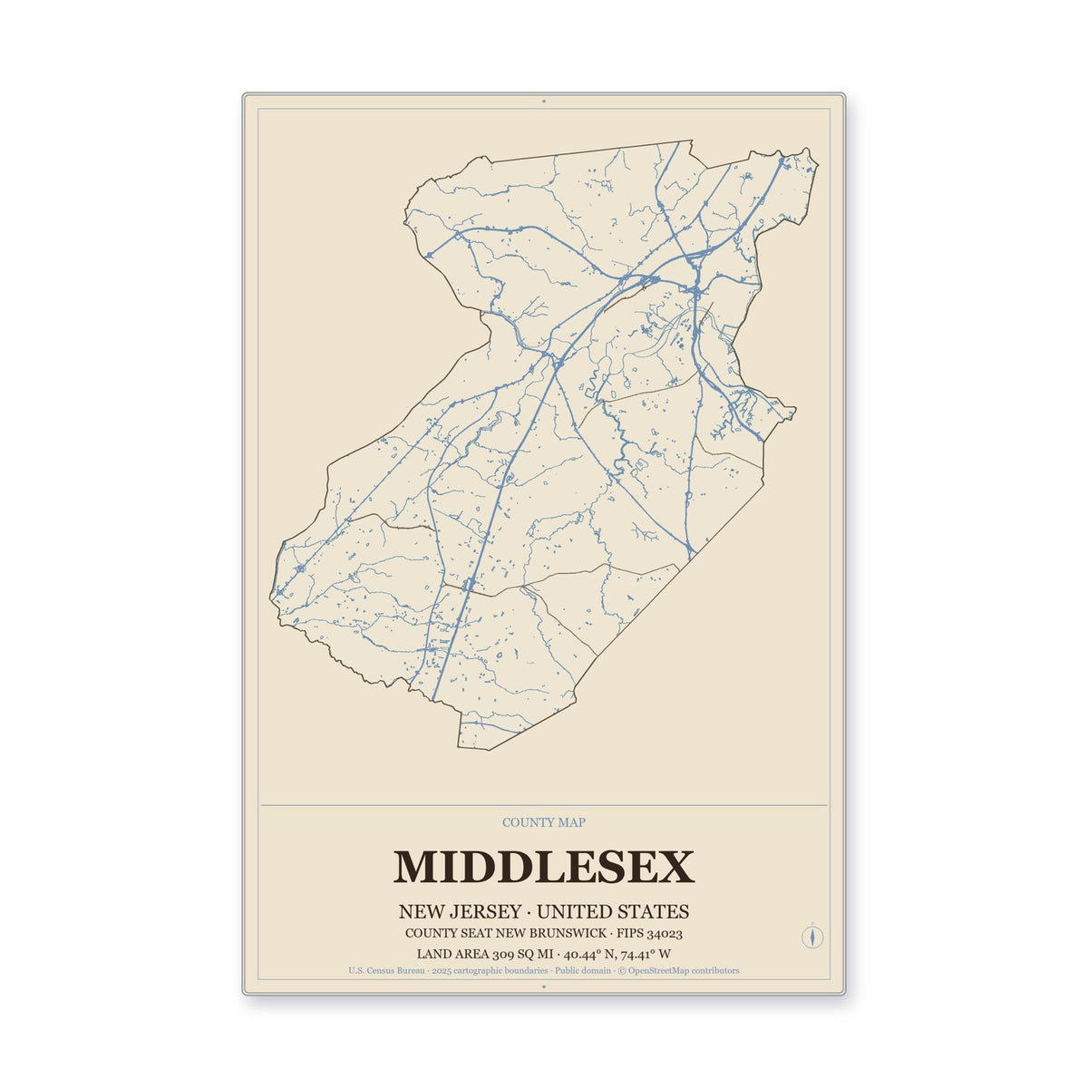 Middlesex County, New Jersey Map Aluminum Sign in Heritage Nautical style